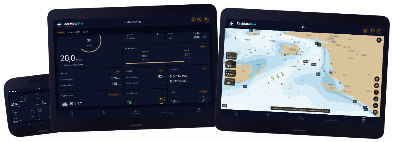 AYLO on a chartplotter, a tablet and a phone, showing live instruments and a nautical chart.
